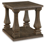 Close-up on square baluster leg design of Johnelle Gray end table