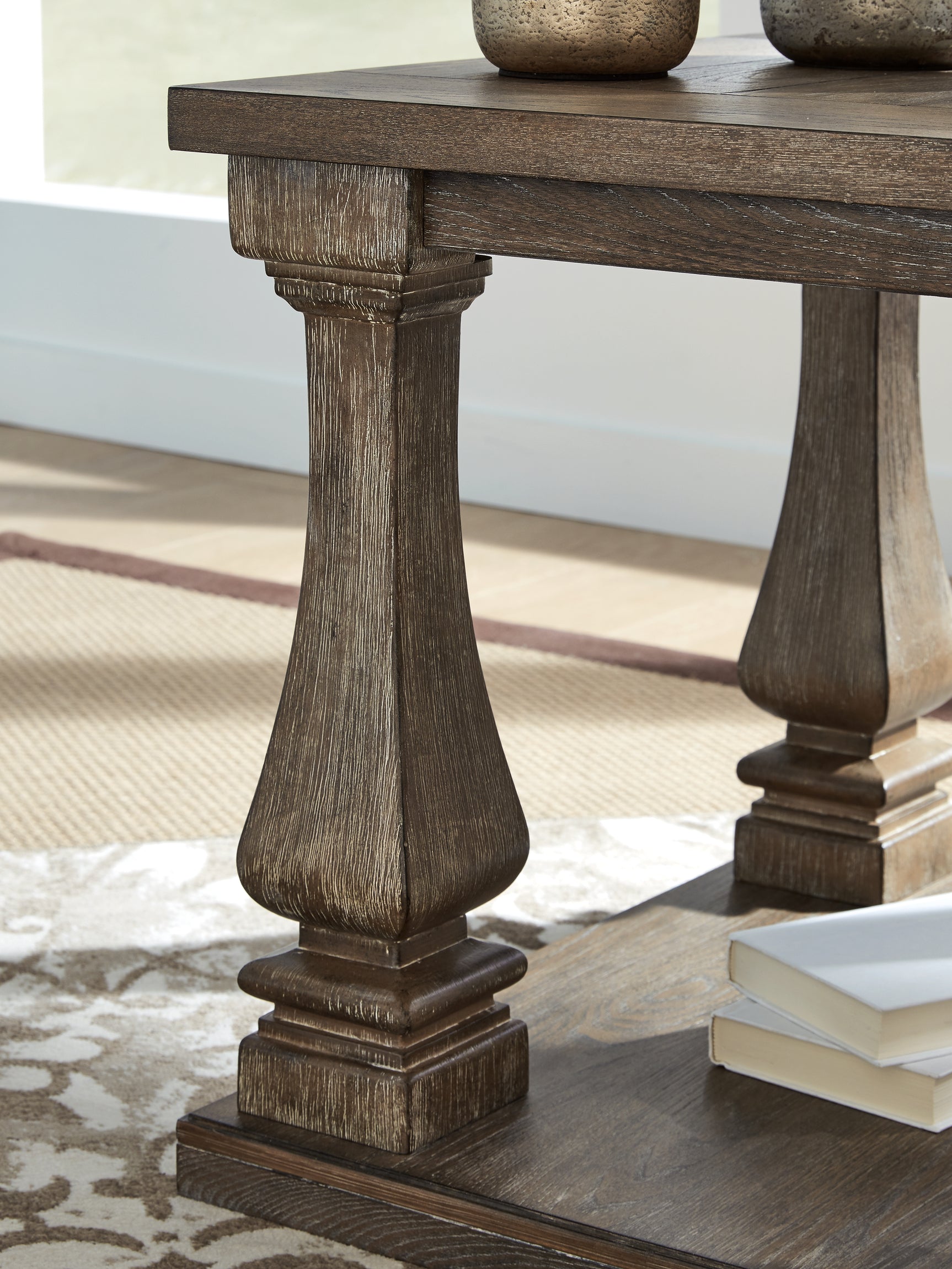Detail of distressed weathered gray finish on Johnelle Gray end table