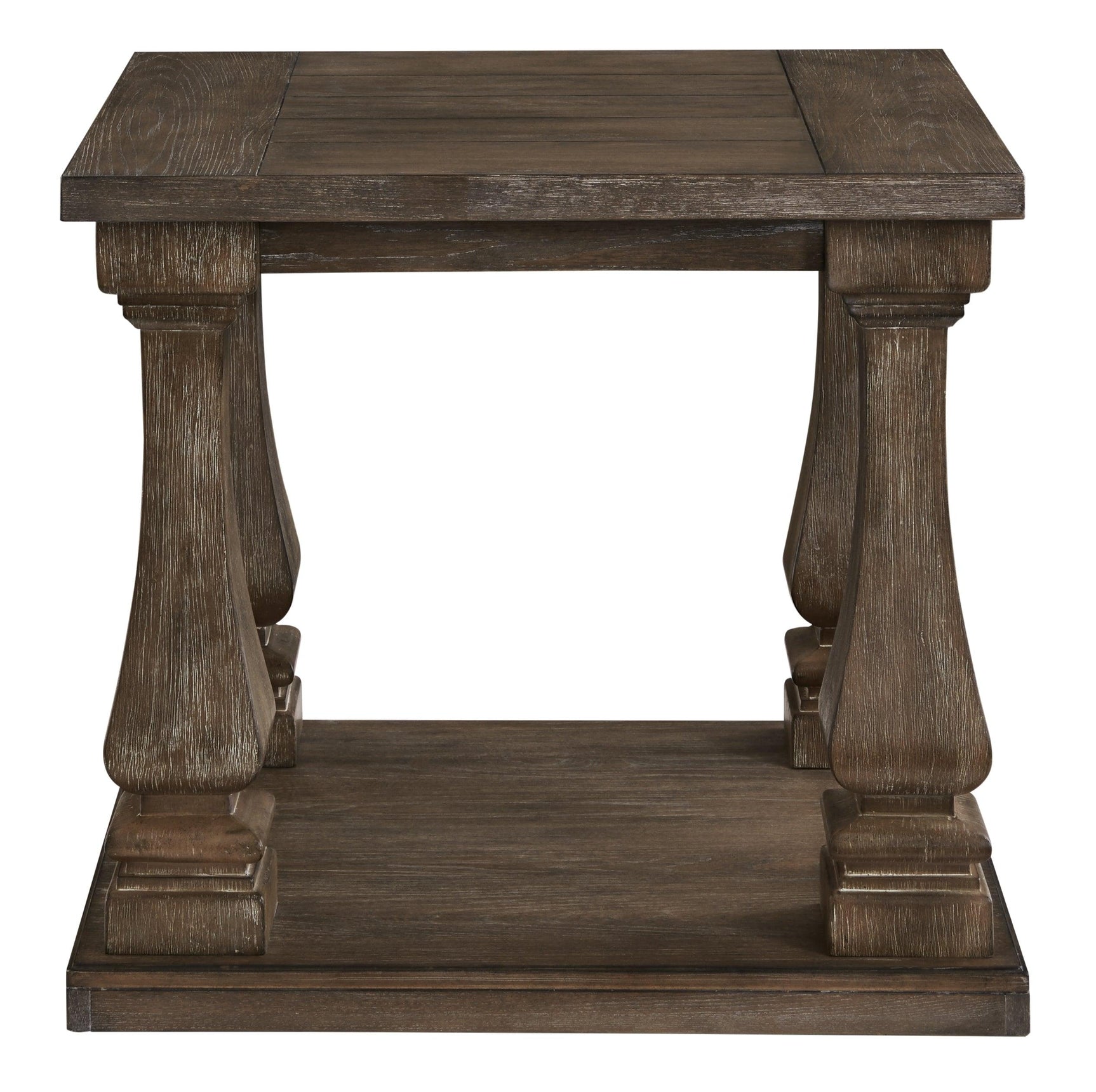 Johnelle Gray End Table head-on view highlighting square baluster legs