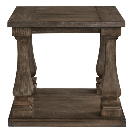 Johnelle Gray End Table head-on view highlighting square baluster legs