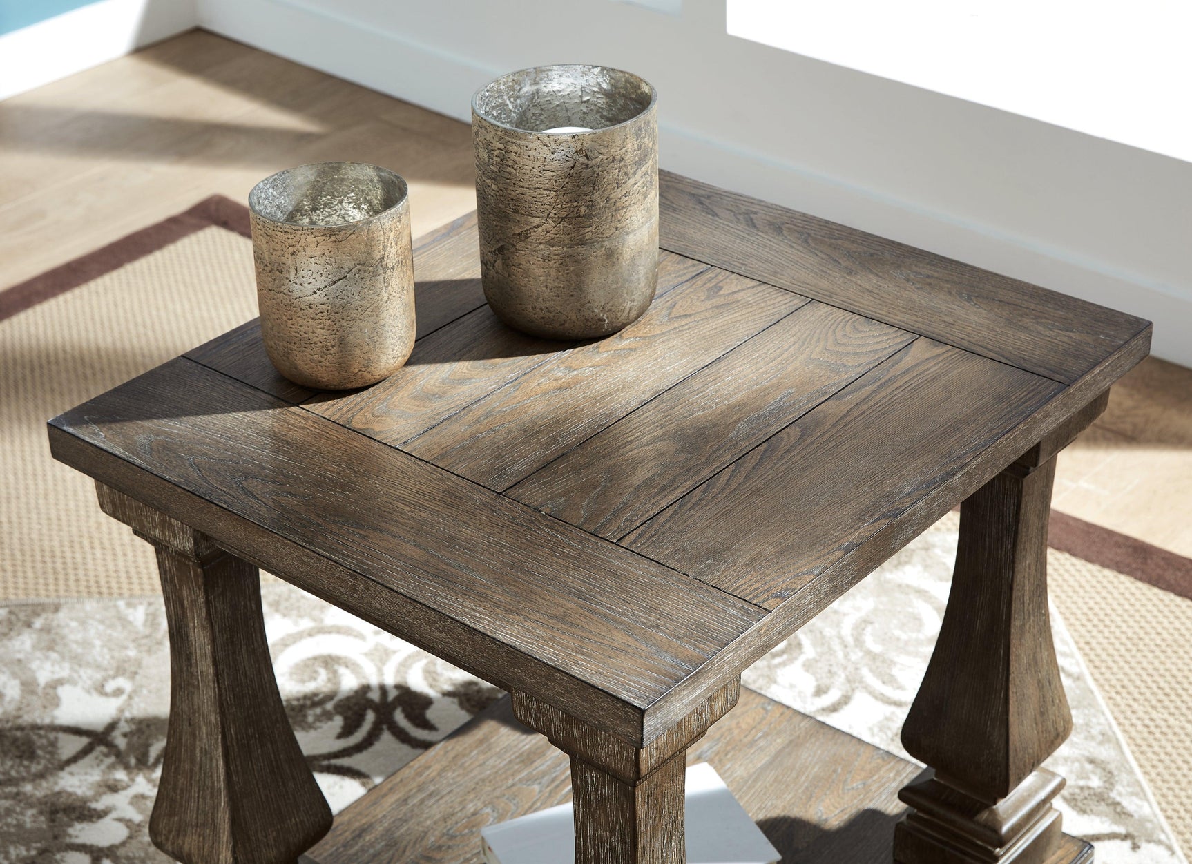 Johnelle Gray End Table top view showing plank-effect framed top
