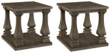 Side angle of Johnelle Gray distressed gray end table with broad shelf