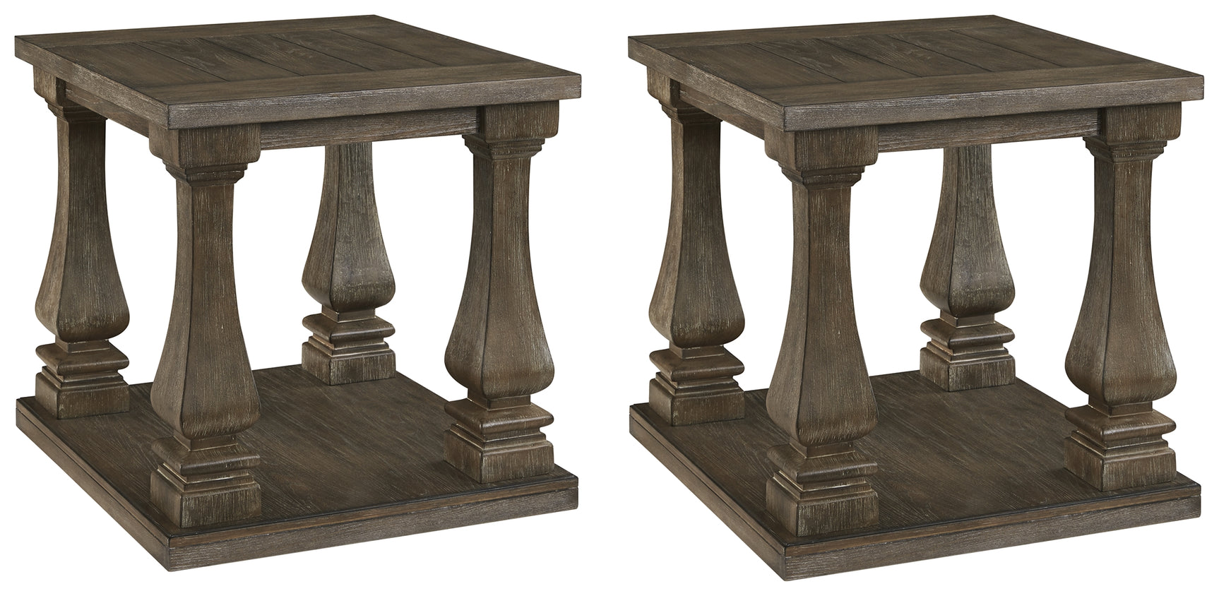Side angle of Johnelle Gray distressed gray end table with broad shelf
