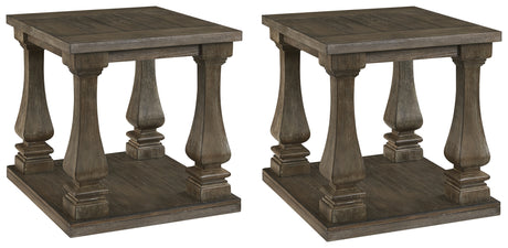 Side angle of Johnelle Gray distressed gray end table with broad shelf