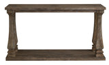 Johnelle Gray Sofa Table head-on view displaying broad lower shelf and weathered finish
