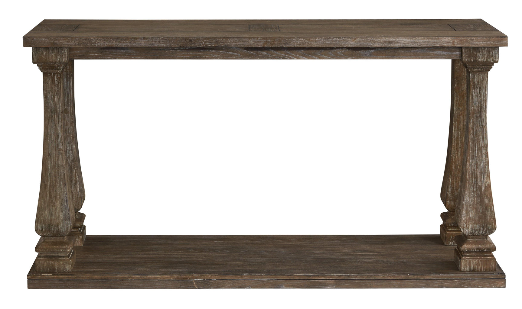 Johnelle Gray Sofa Table head-on view displaying broad lower shelf and weathered finish