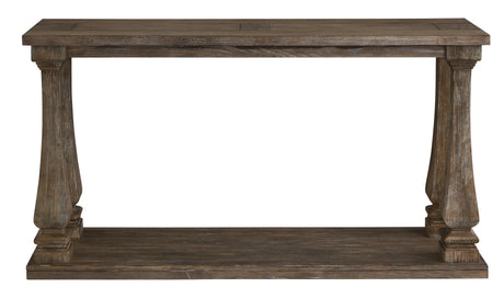 Johnelle Gray Sofa Table head-on view displaying broad lower shelf and weathered finish