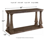Johnelle Gray Sofa Table dimension illustration showing 60W x 18D x 32H inches