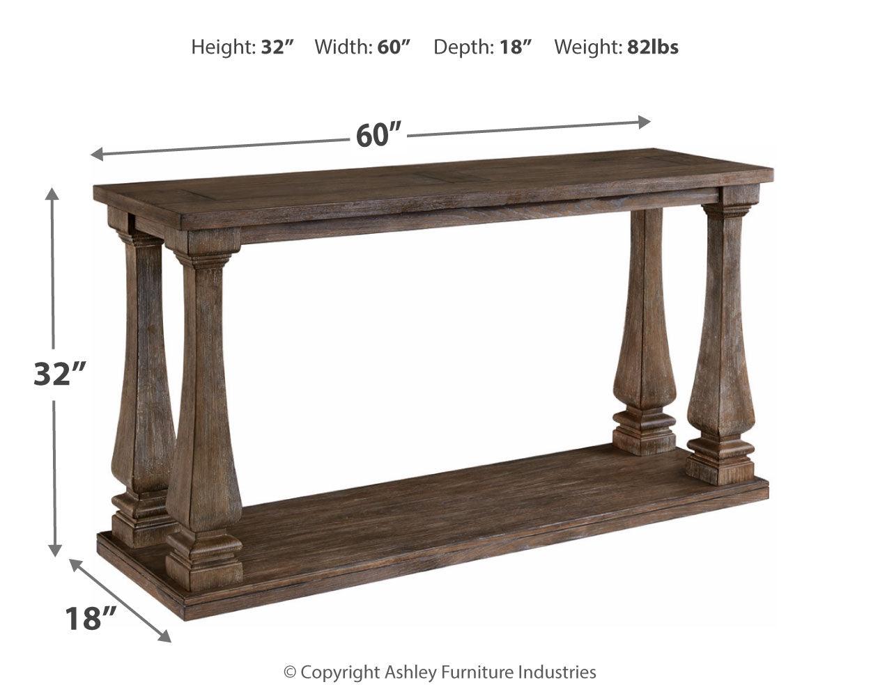 Johnelle Gray Sofa Table dimension illustration showing 60W x 18D x 32H inches