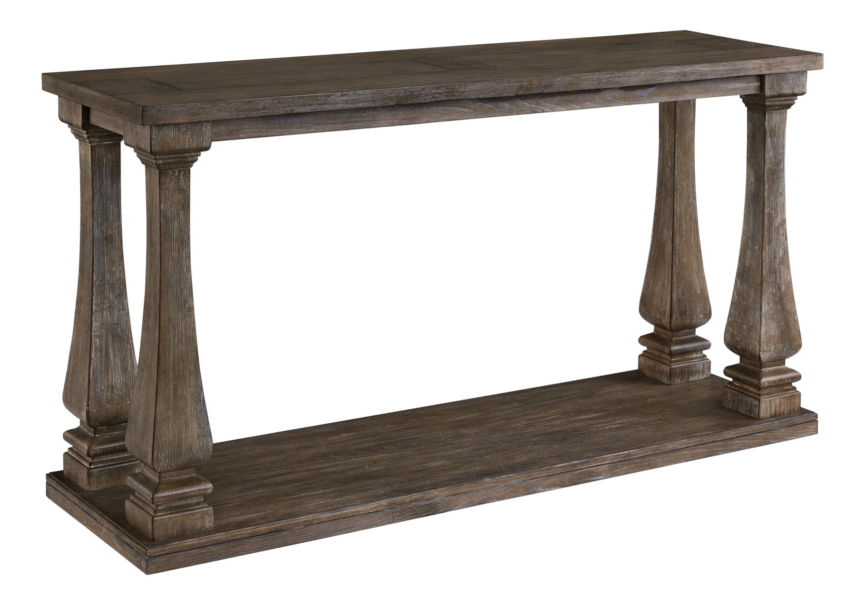 Johnelle Gray Sofa Table angled view highlighting square baluster legs and lower shelf
