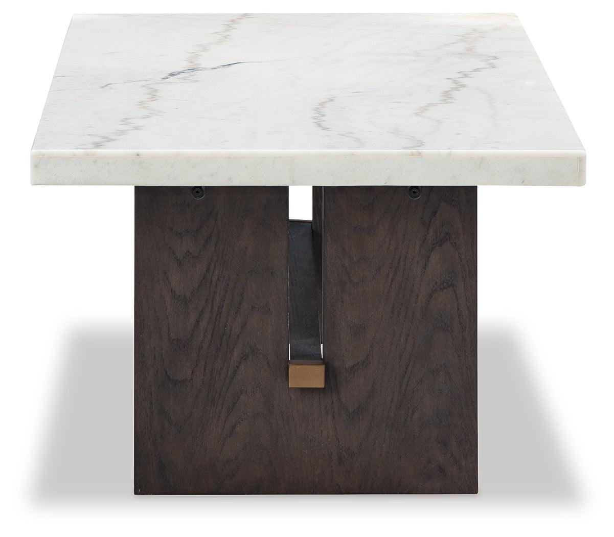 Burkhaus Coffee Table brass-tone capped stretcher detail