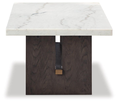 Burkhaus Coffee Table brass-tone capped stretcher detail
