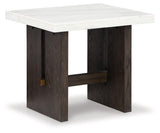 Burkhaus end table front view showcasing plinth base and marble top