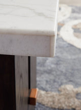 Close-up of dark waxy brown oak finish and marble surface on Burkhaus end table
