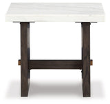 Side profile of Burkhaus dark brown oak end table with marble surface
