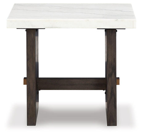 Side profile of Burkhaus dark brown oak end table with marble surface
