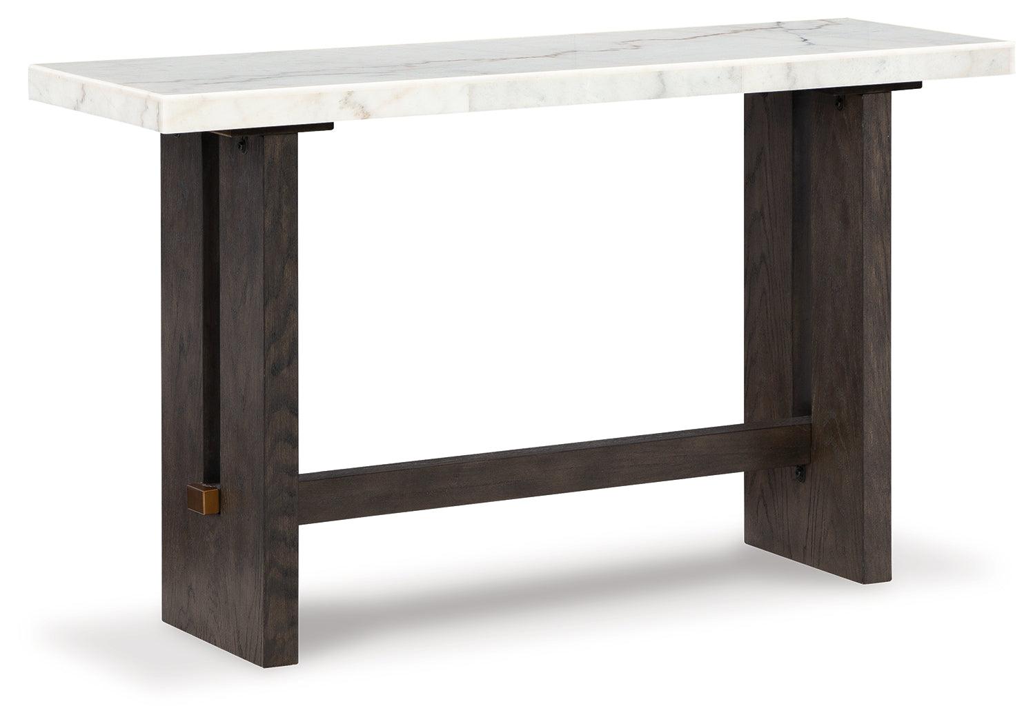 Burkhaus sofa table with white marble top and dark brown base - side view