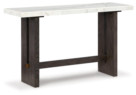 Burkhaus sofa table with white marble top and dark brown base - side view