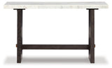 Burkhaus sofa table with white marble top and dark brown base - front view