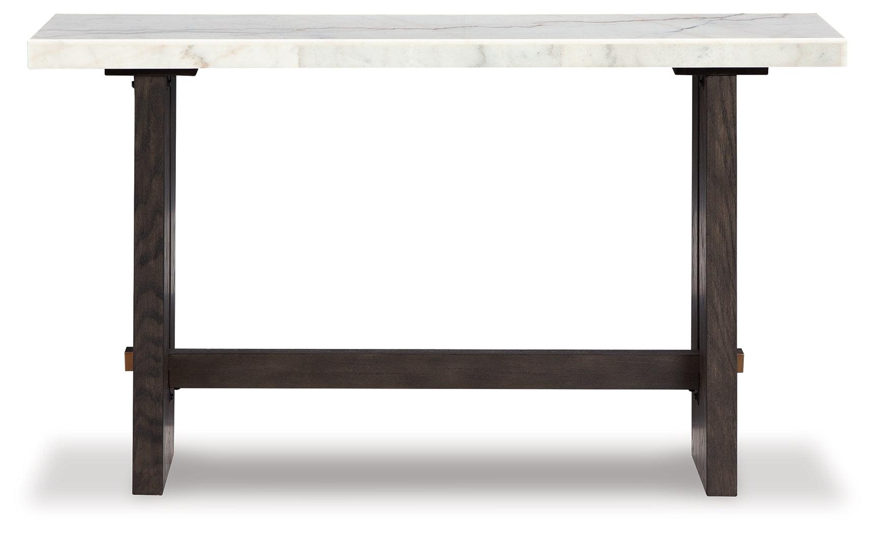 Burkhaus sofa table with white marble top and dark brown base - front view