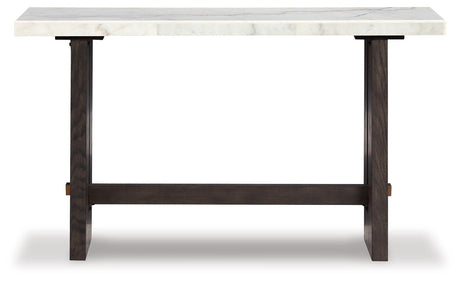 Burkhaus sofa table with white marble top and dark brown base - front view