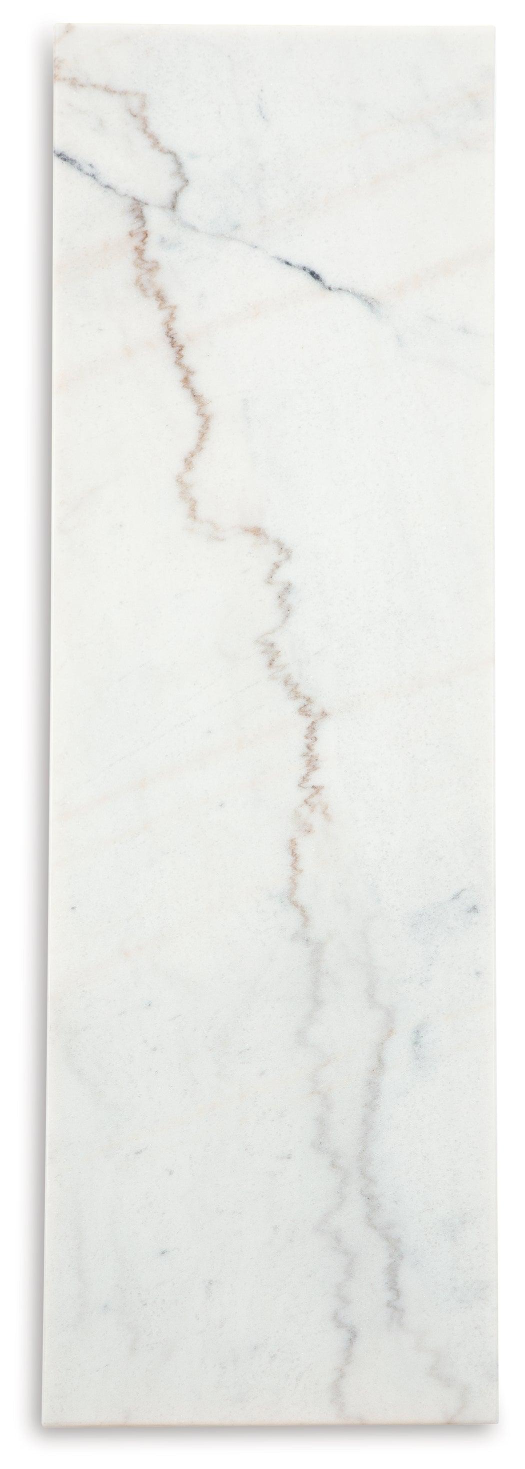 Close-up of natural marble tabletop on Burkhaus sofa table