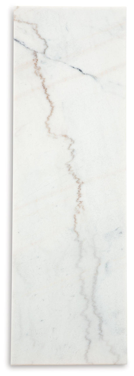 Close-up of natural marble tabletop on Burkhaus sofa table