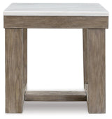 Side view of Loyaska End Table with marble top and wood-tone finish