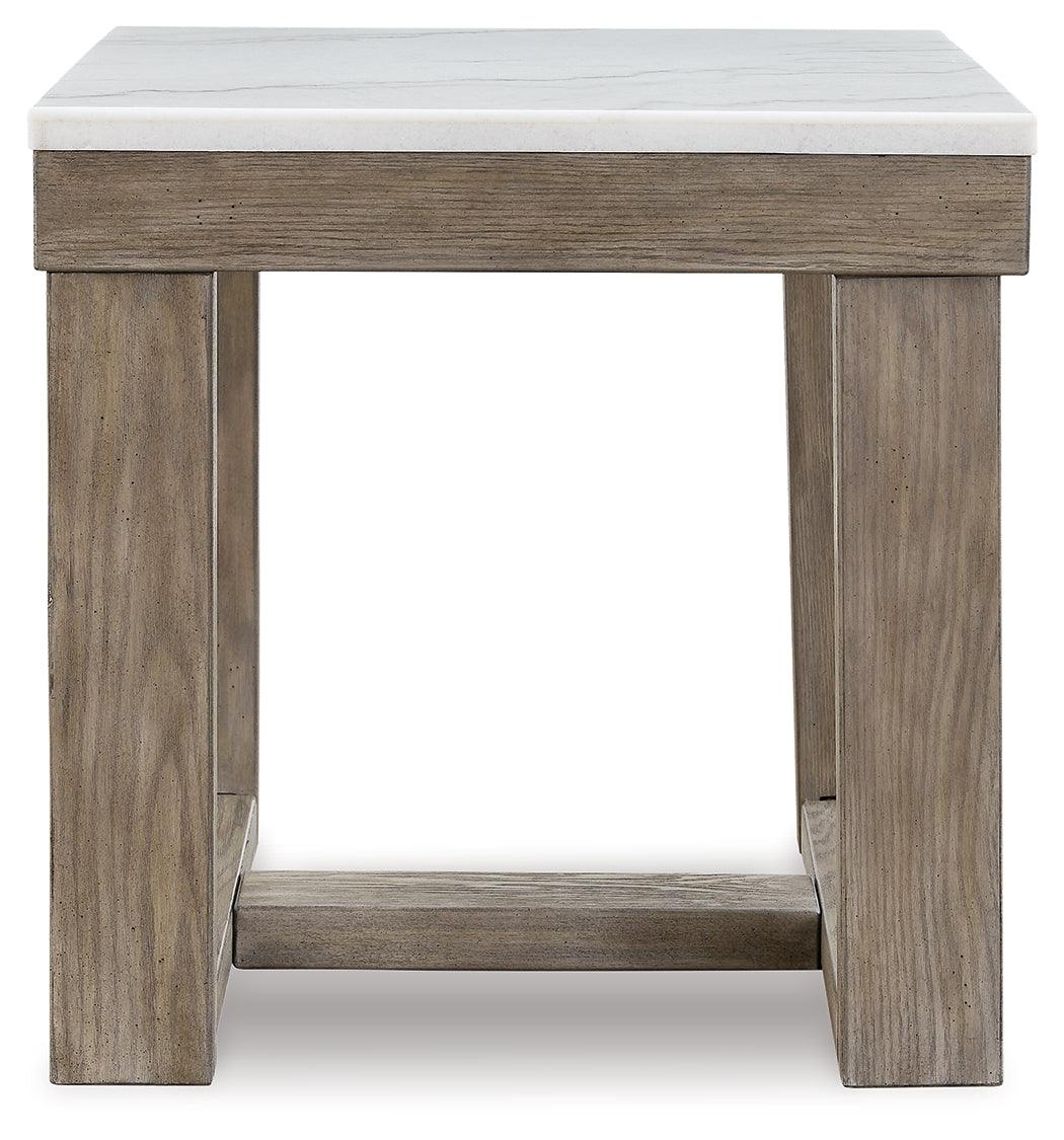 Side view of Loyaska End Table with marble top and wood-tone finish
