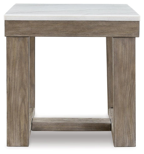 Side view of Loyaska End Table with marble top and wood-tone finish