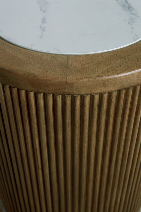 Close-up detail of reeded wood base on Camdill End Table