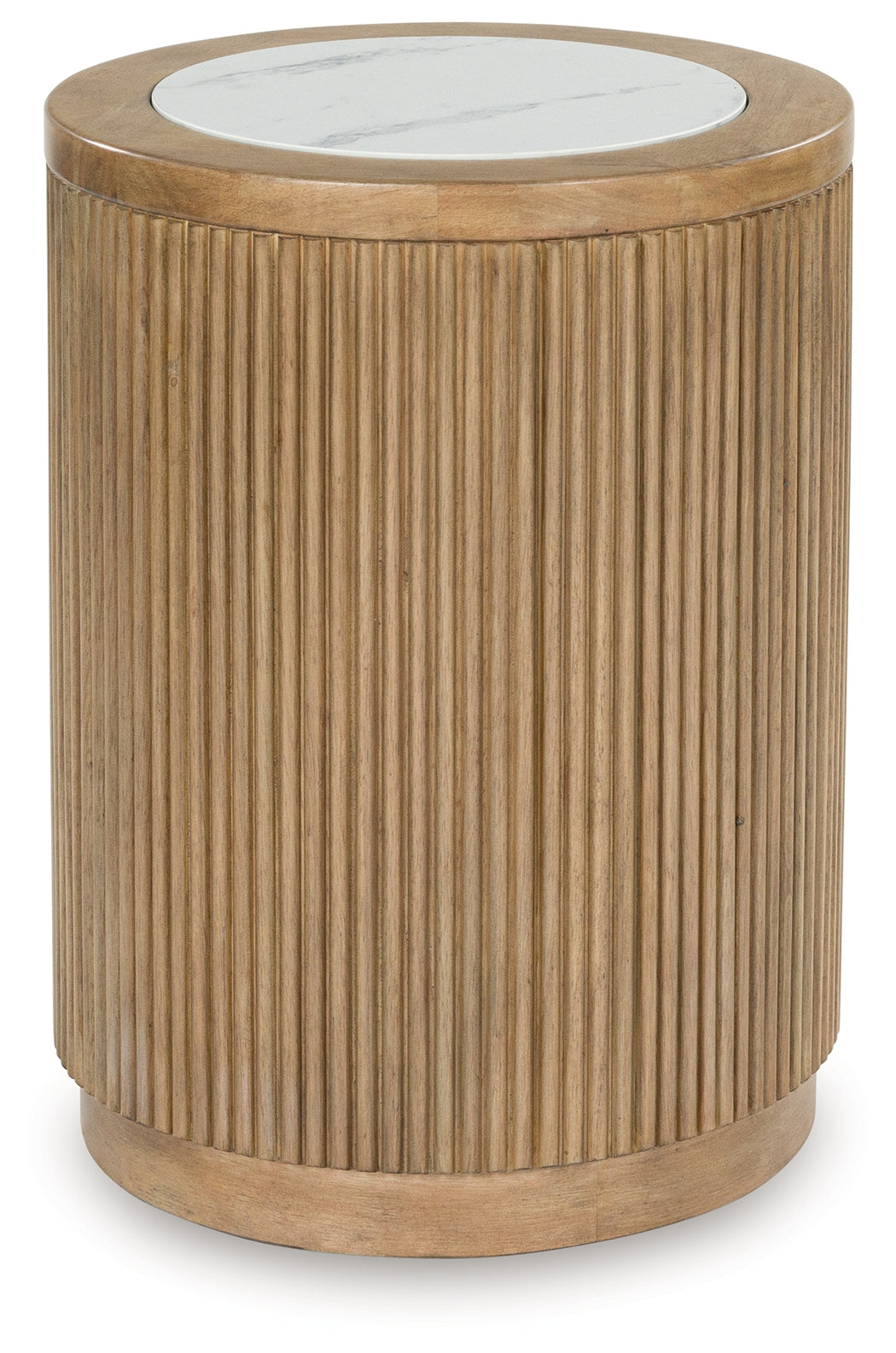 Side view of Camdill Round End Table showing reeded base detail