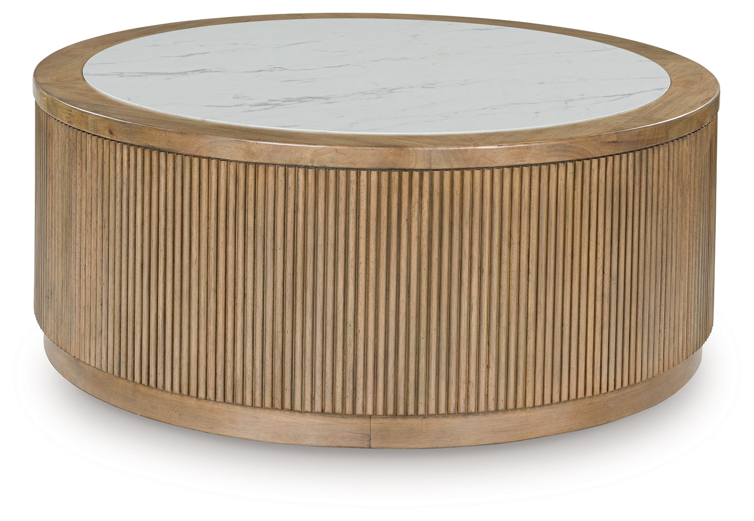 Side view of Camdill coffee table with reeded wooden base