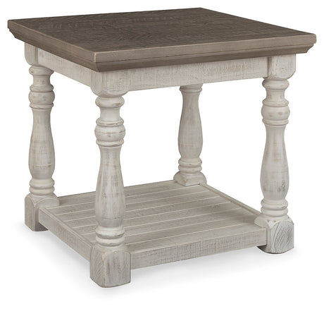 Side view of Havalance end table showing robust legs