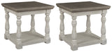 End table close-up showing two-tone distressed finish