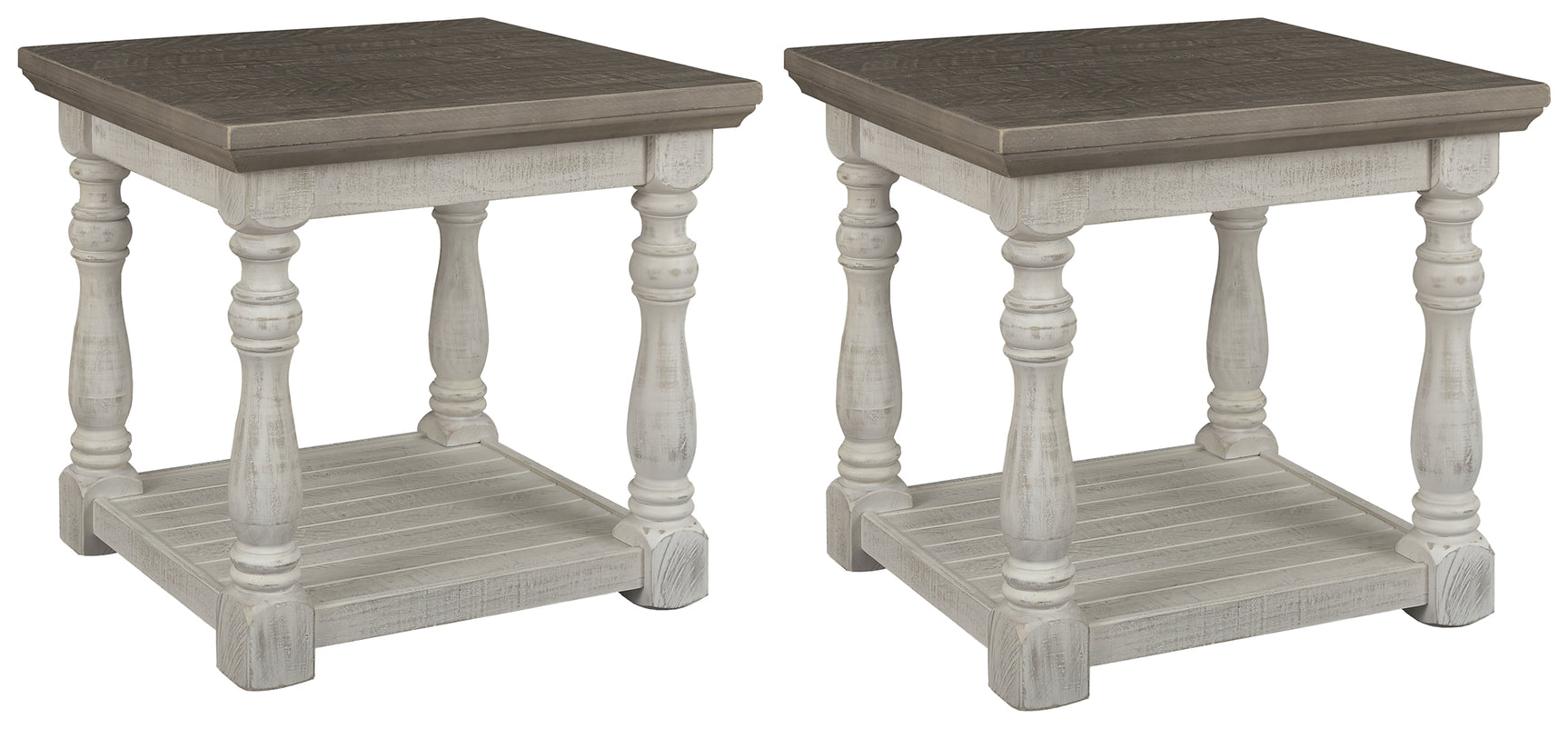 End table close-up showing two-tone distressed finish
