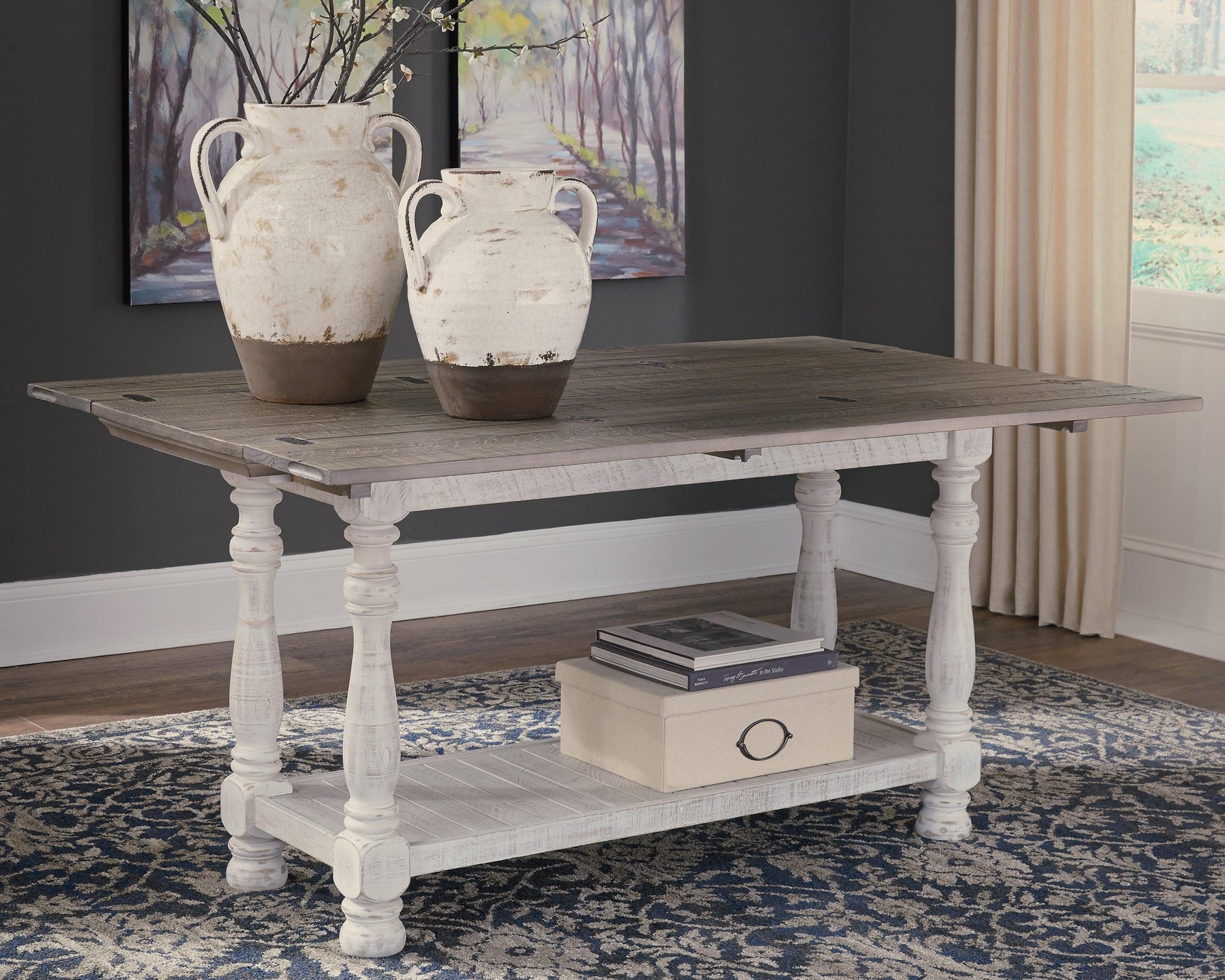 Havalance sofa console table drawer and lower shelf detail