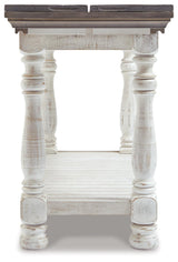Side view of Havalance sofa console table with flip-top open