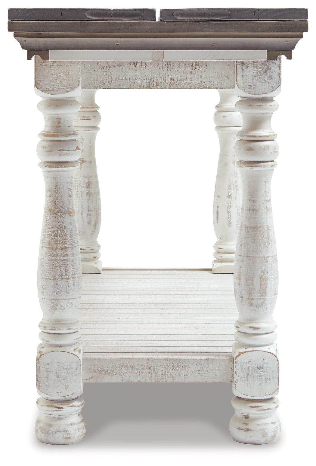 Side view of Havalance sofa console table with flip-top open