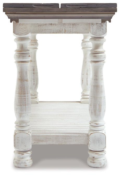 Side view of Havalance sofa console table with flip-top open