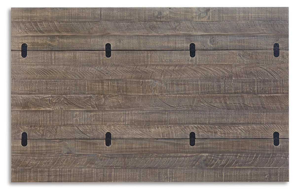 Detail of distressed two-tone finish on Havalance sofa console table