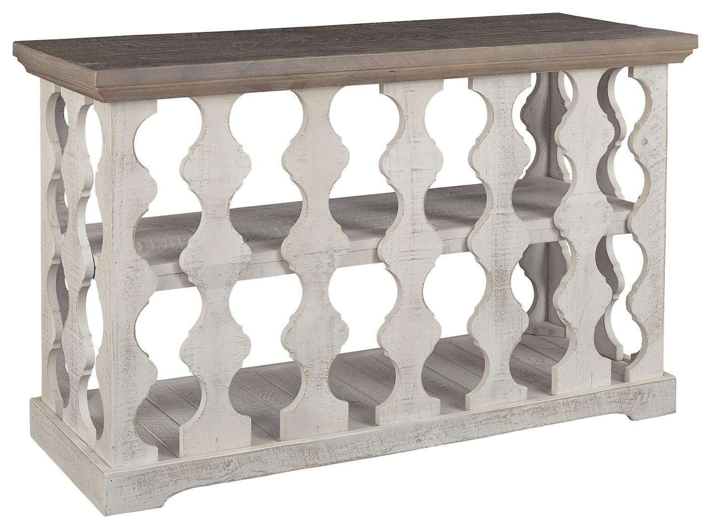 Back view of Havalance distressed gray and white sofa table