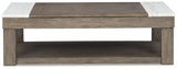 Side profile of end table in grayish brown wood finish