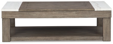 Side profile of end table in grayish brown wood finish