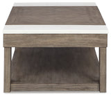 Top-down view of coffee table surface with marble accents