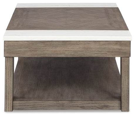 Top-down view of coffee table surface with marble accents
