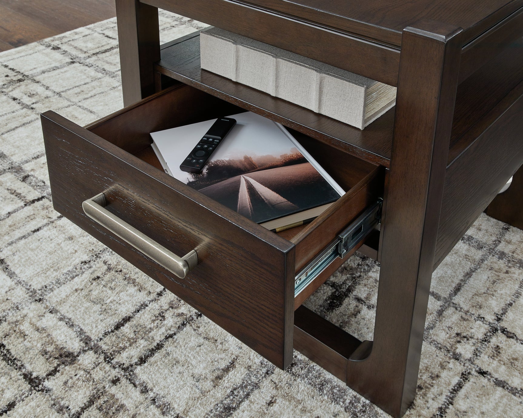 Breckington Dark Brown End Table front view with doors closed
