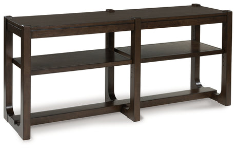 Breckington dark brown sofa table angled view