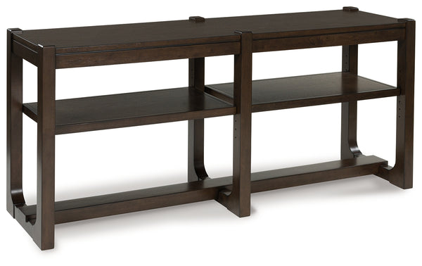 Breckington dark brown sofa table angled view