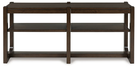 Breckington dark brown sofa table head-on view